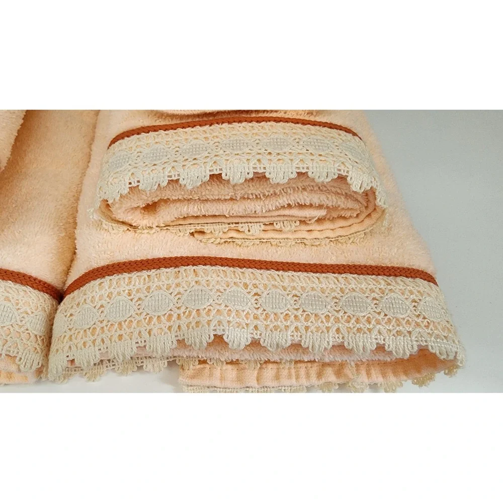 Vintage Dundee Towel Set 6 pc Peach Lace Trim Cotton Blend Bath Hand Washcloth